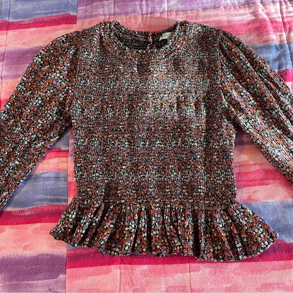 Patrons of Peace floral smock peplum long sleeve crop top size small